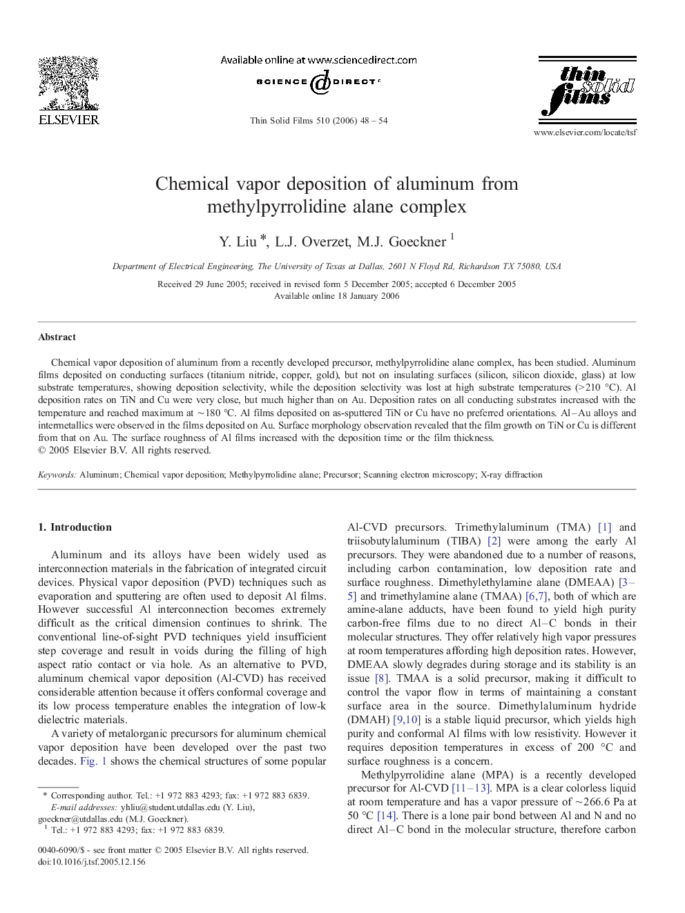 Chemical vapor deposition of aluminum from methylpyrrolidine alane complex
