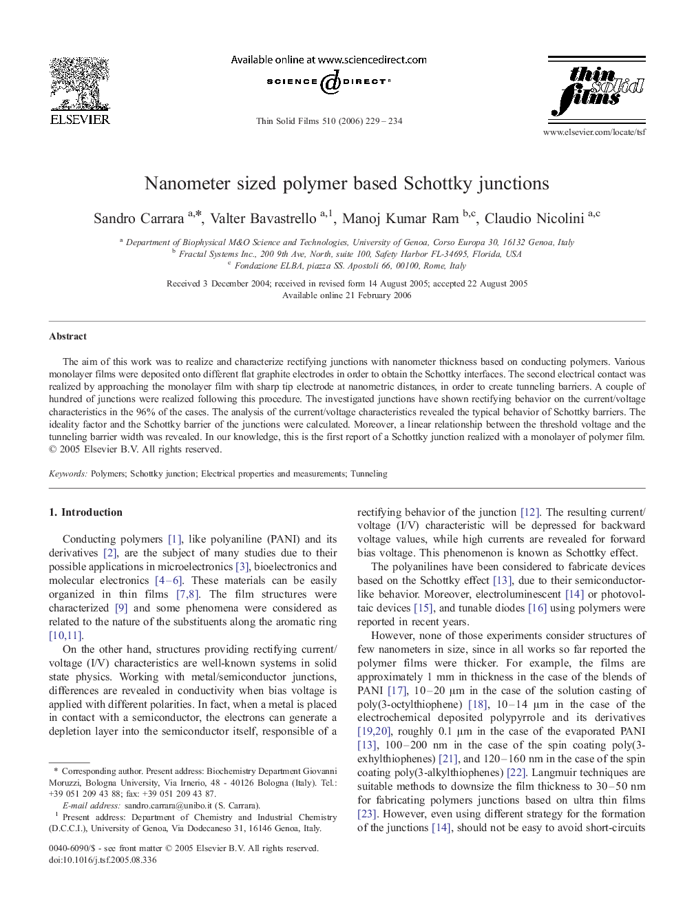 Nanometer sized polymer based Schottky junctions