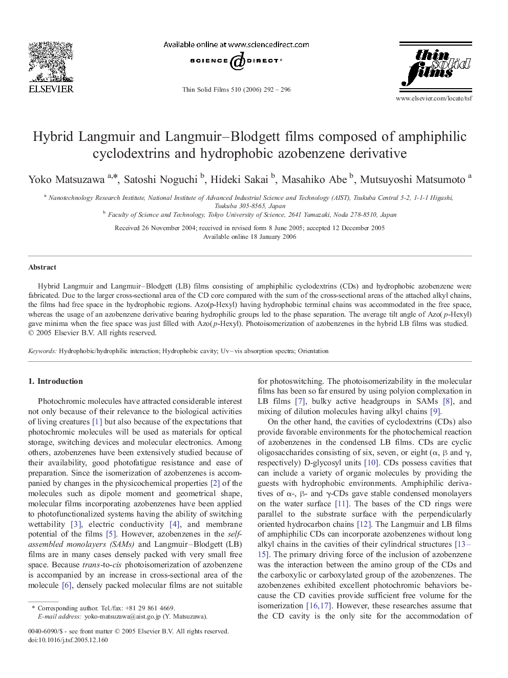 Hybrid Langmuir and Langmuir-Blodgett films composed of amphiphilic cyclodextrins and hydrophobic azobenzene derivative