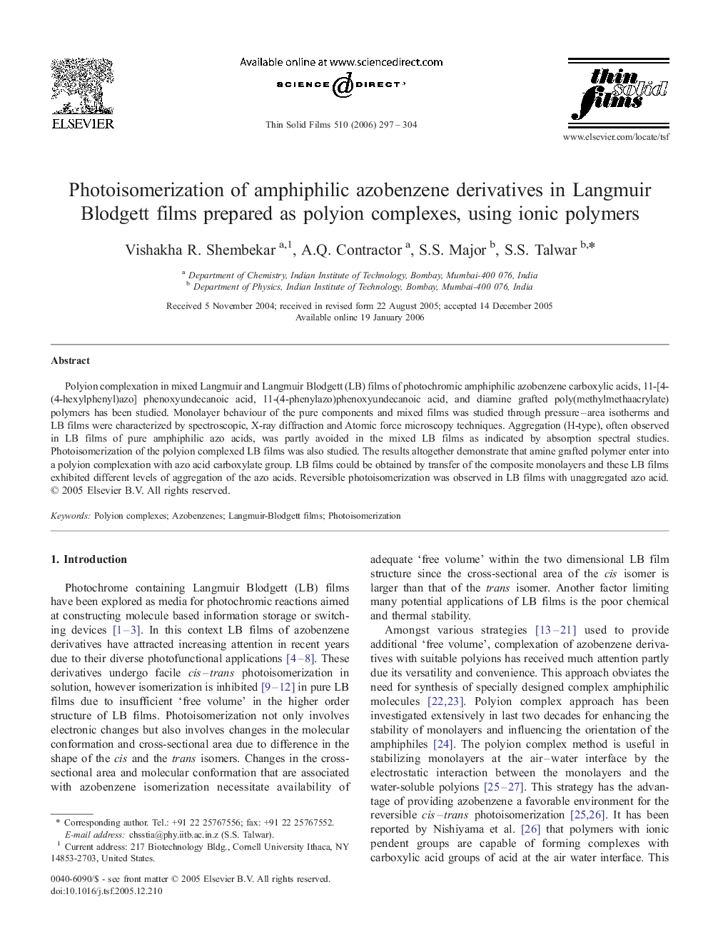 عکس صفحه اول مقاله: Photoisomerization of amphiphilic azobenzene derivatives in Langmuir Blodgett films prepared as polyion complexes, using ionic polymers Photoisomerization of amphiphilic azobenzene derivatives in Langmuir Blodgett films prepared as polyion complexes, using ionic polymers