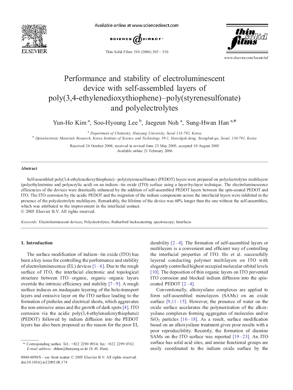 Performance and stability of electroluminescent device with self-assembled layers of poly(3,4-ethylenedioxythiophene)–poly(styrenesulfonate) and polyelectrolytes