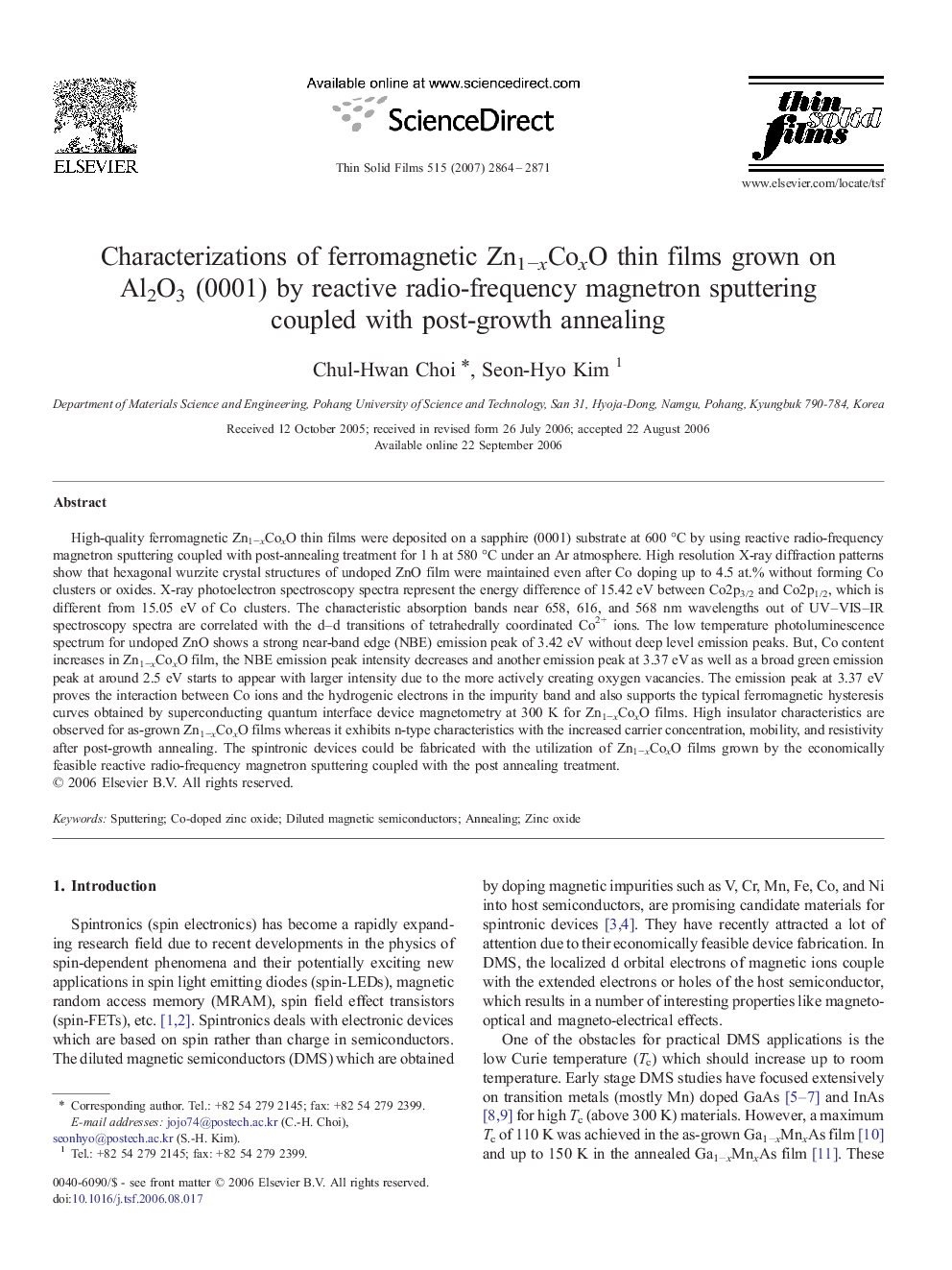 Characterizations of ferromagnetic Zn1−xCoxO thin films grown on Al2O3 (0001) by reactive radio-frequency magnetron sputtering coupled with post-growth annealing