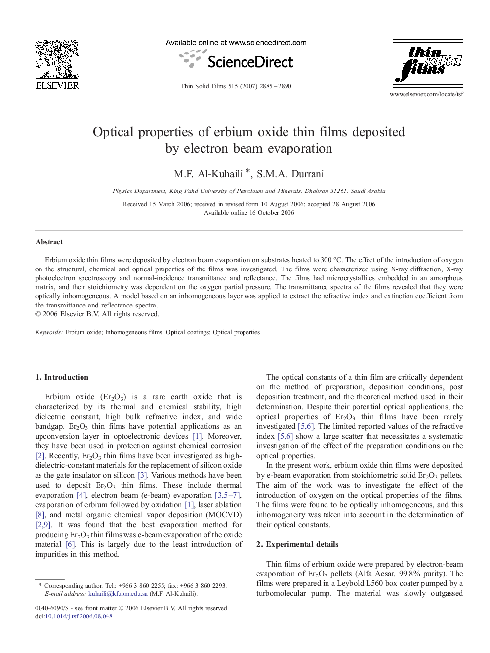 Optical properties of erbium oxide thin films deposited by electron beam evaporation