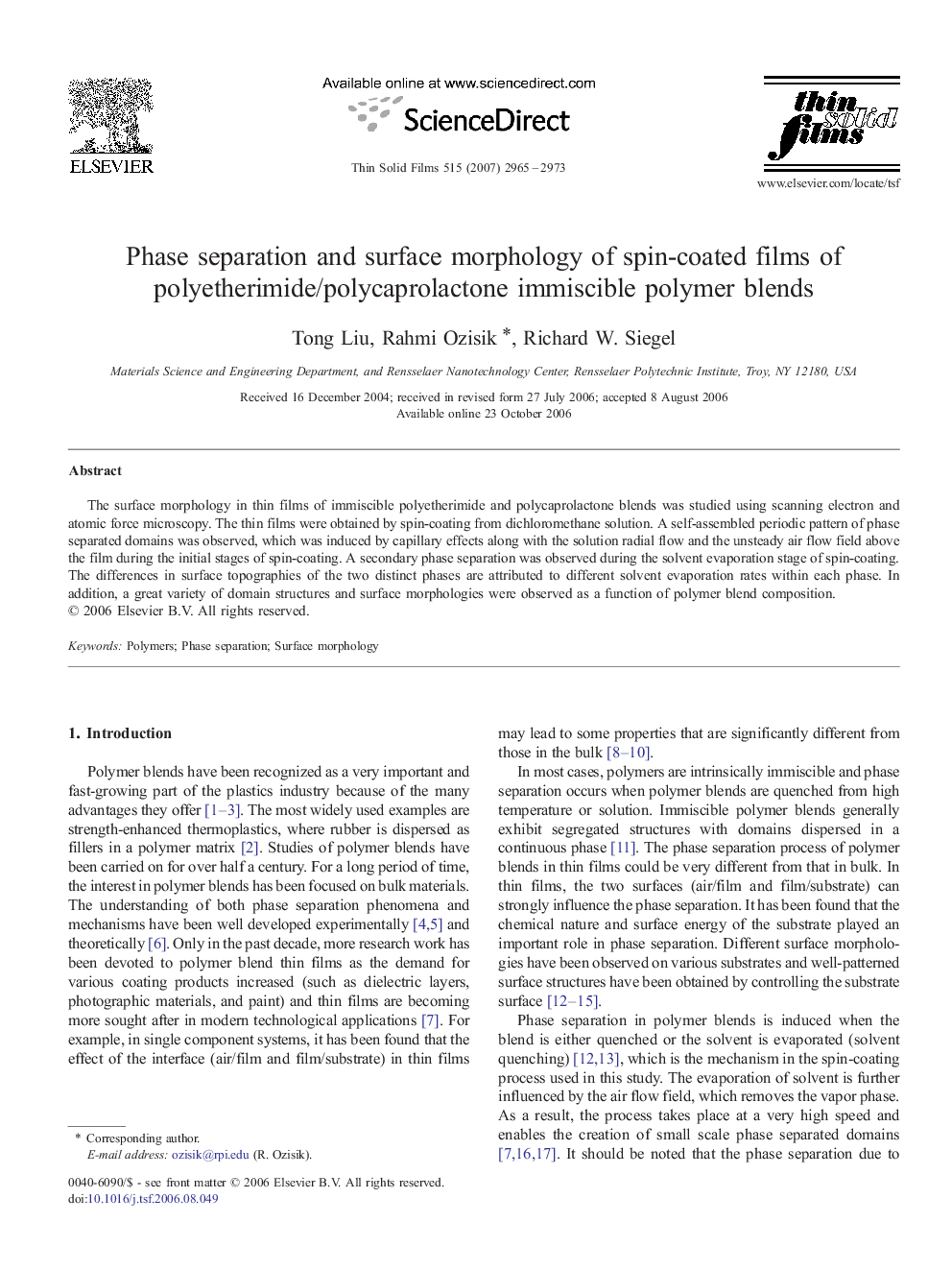 Phase separation and surface morphology of spin-coated films of polyetherimide/polycaprolactone immiscible polymer blends