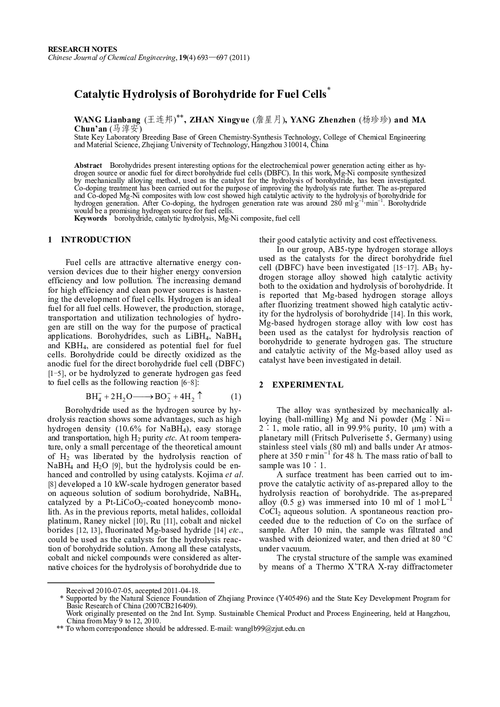 Catalytic Hydrolysis of Borohydride for Fuel Cells 