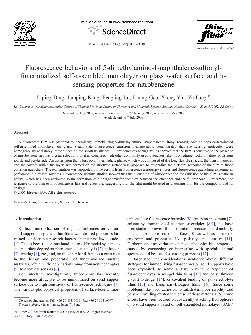 Fluorescence behaviors of 5-dimethylamino-1-naphthalene-sulfonyl-functionalized self-assembled monolayer on glass wafer surface and its sensing properties for nitrobenzene