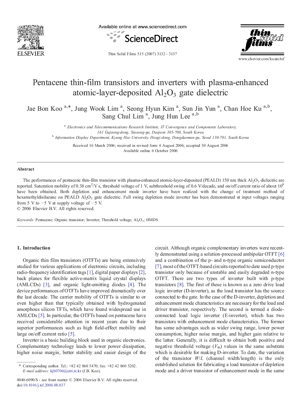 Pentacene thin-film transistors and inverters with plasma-enhanced atomic-layer-deposited Al2O3 gate dielectric