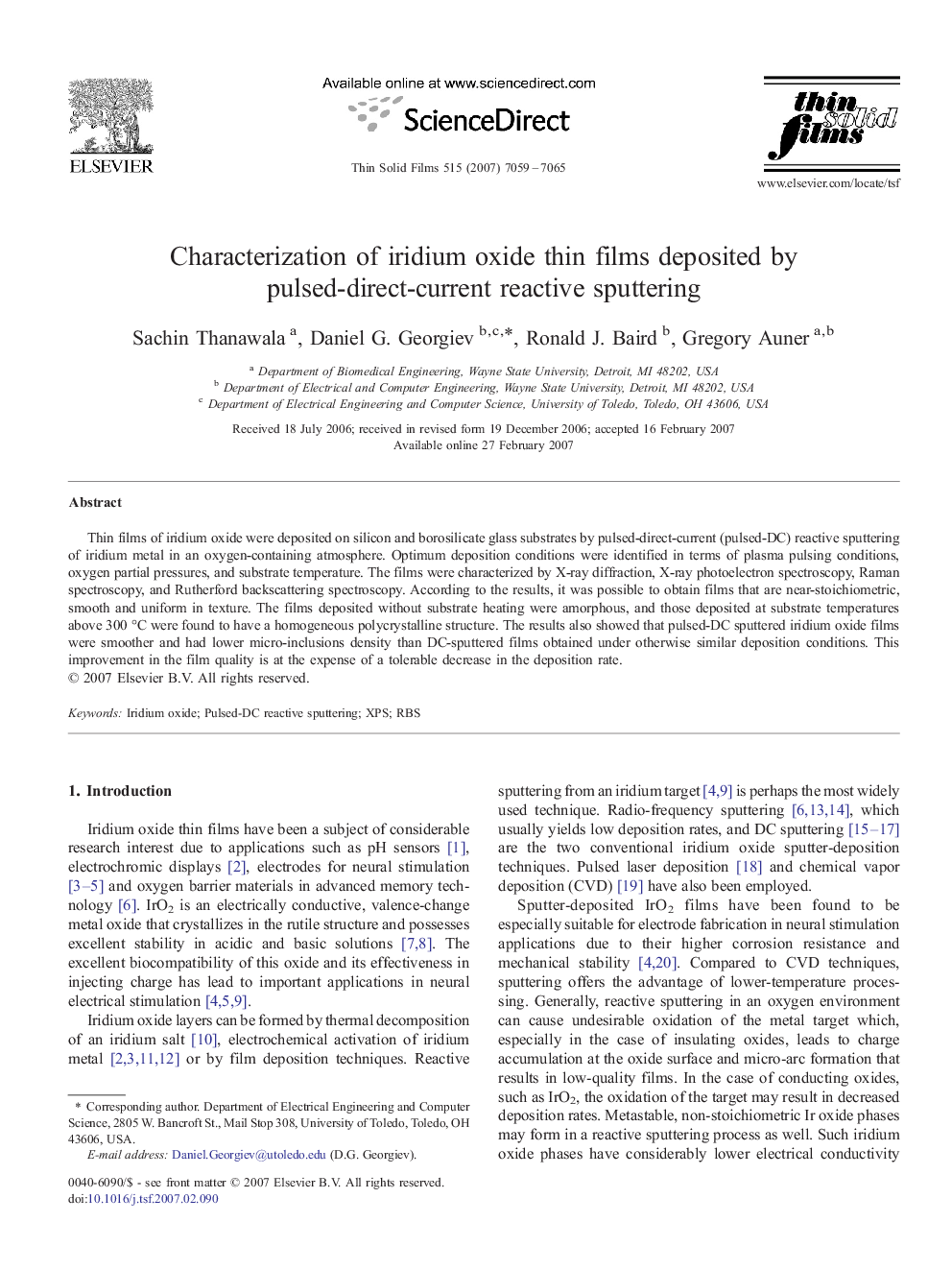 Characterization of iridium oxide thin films deposited by pulsed-direct-current reactive sputtering