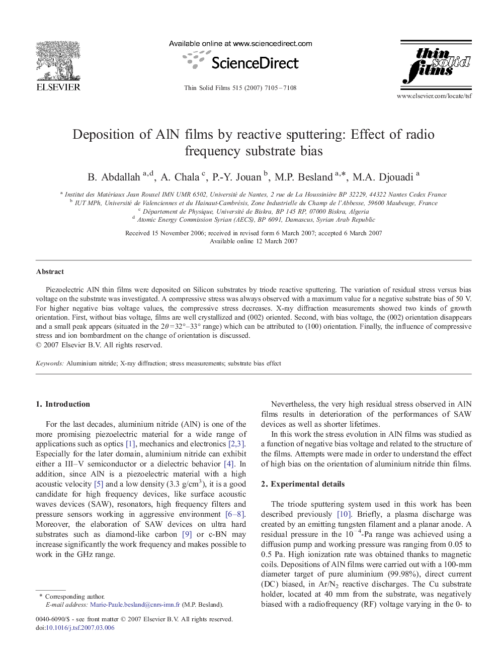 Deposition of AlN films by reactive sputtering: Effect of radiofrequency substrate bias