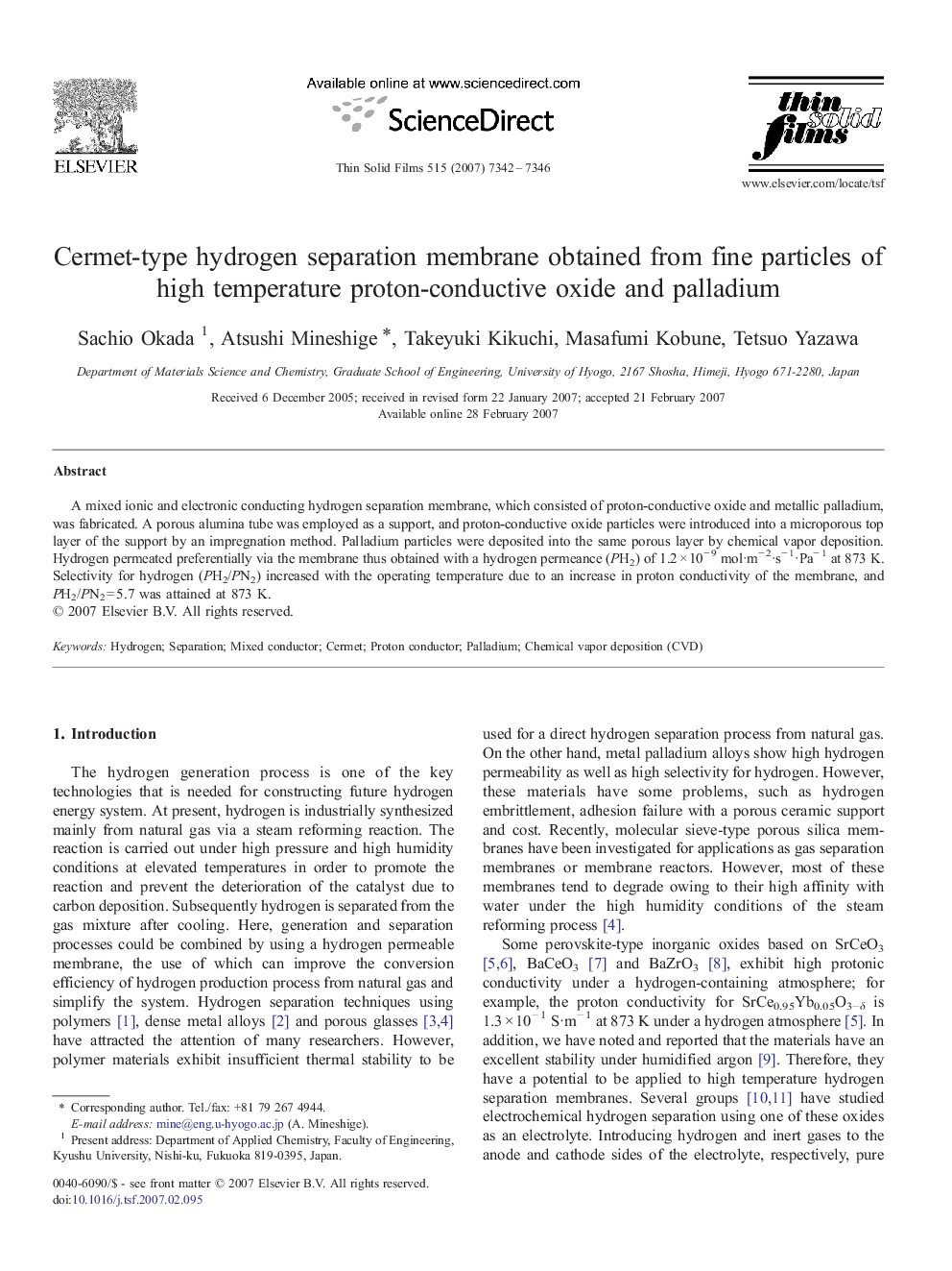 Cermet-type hydrogen separation membrane obtained from fine particles of high temperature proton-conductive oxide and palladium