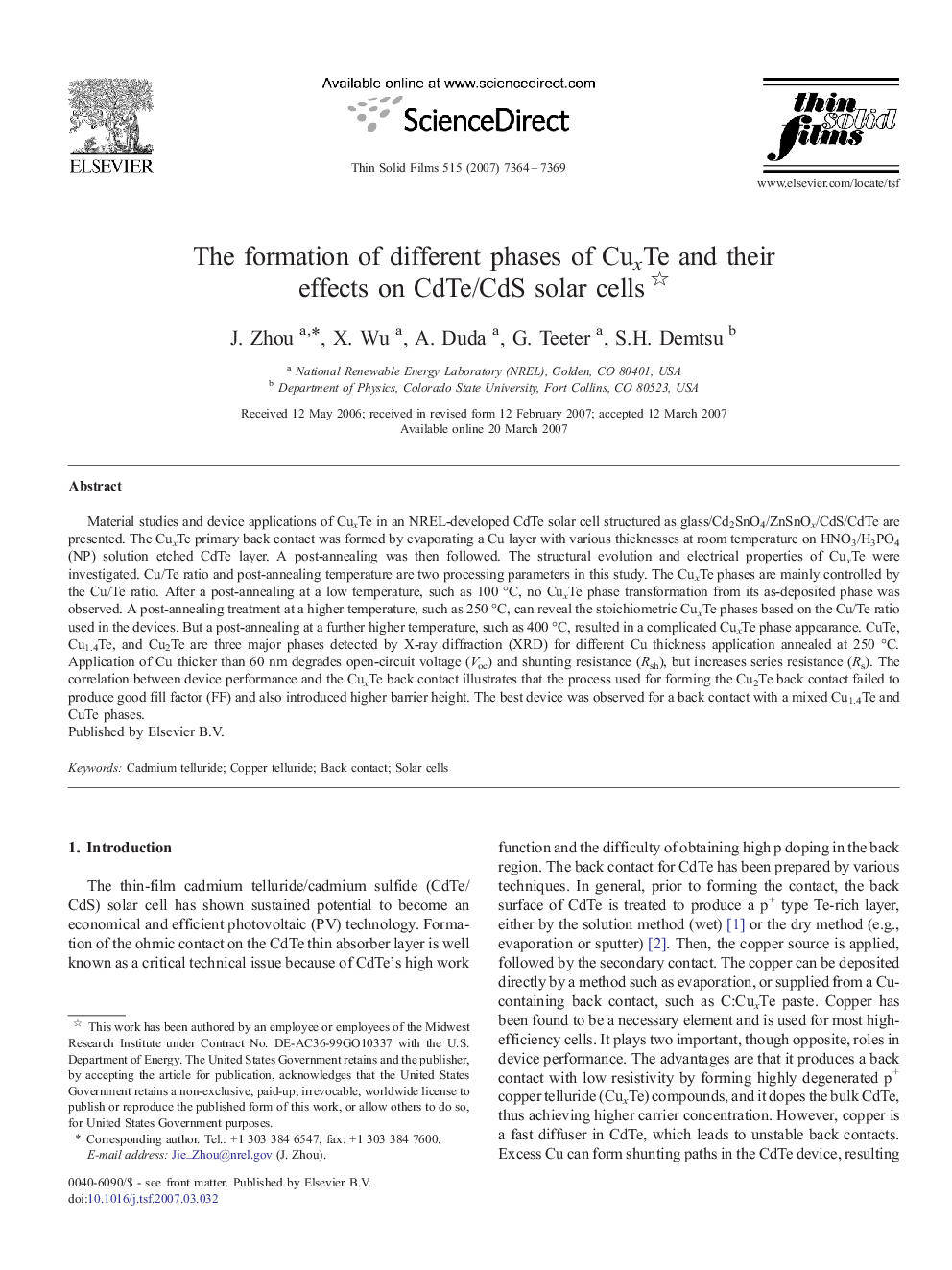 The formation of different phases of CuxTe and their effects on CdTe/CdS solar cells 