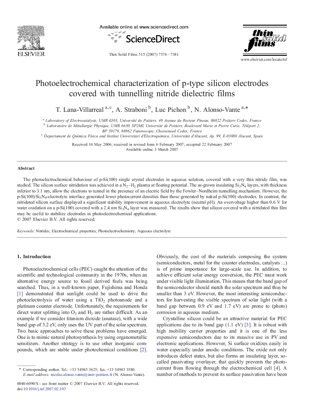 Photoelectrochemical characterization of p-type silicon electrodes covered with tunnelling nitride dielectric films