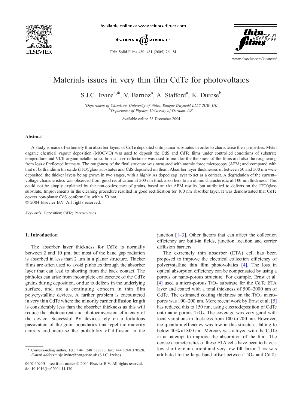 Materials issues in very thin film CdTe for photovoltaics