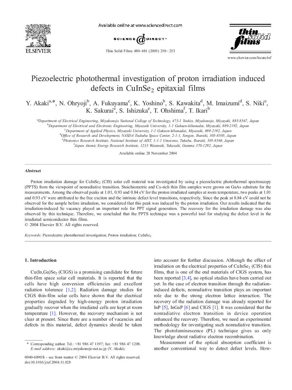 Piezoelectric photothermal investigation of proton irradiation induced defects in CuInSe2 epitaxial films