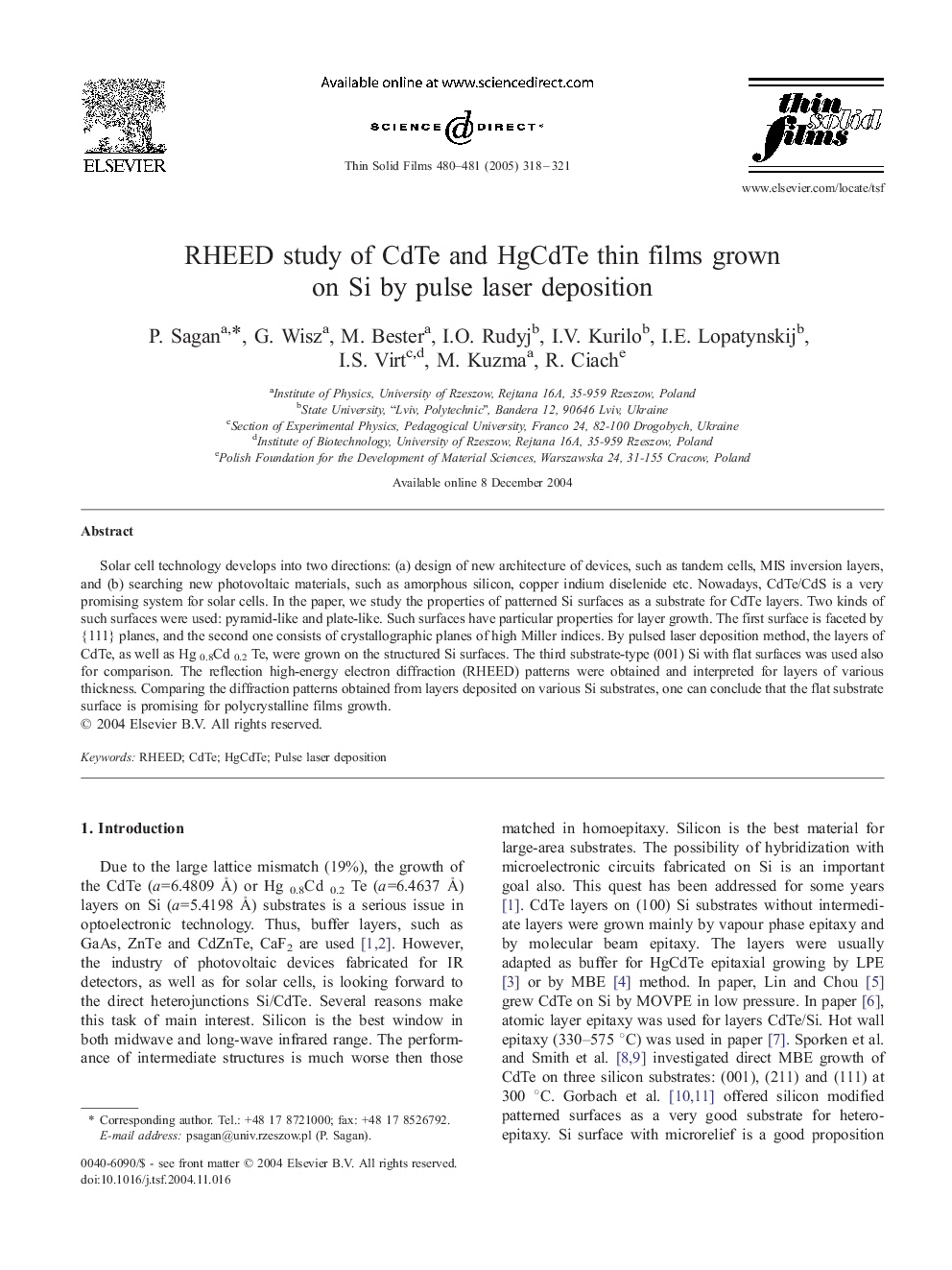 RHEED study of CdTe and HgCdTe thin films grown on Si by pulse laser deposition