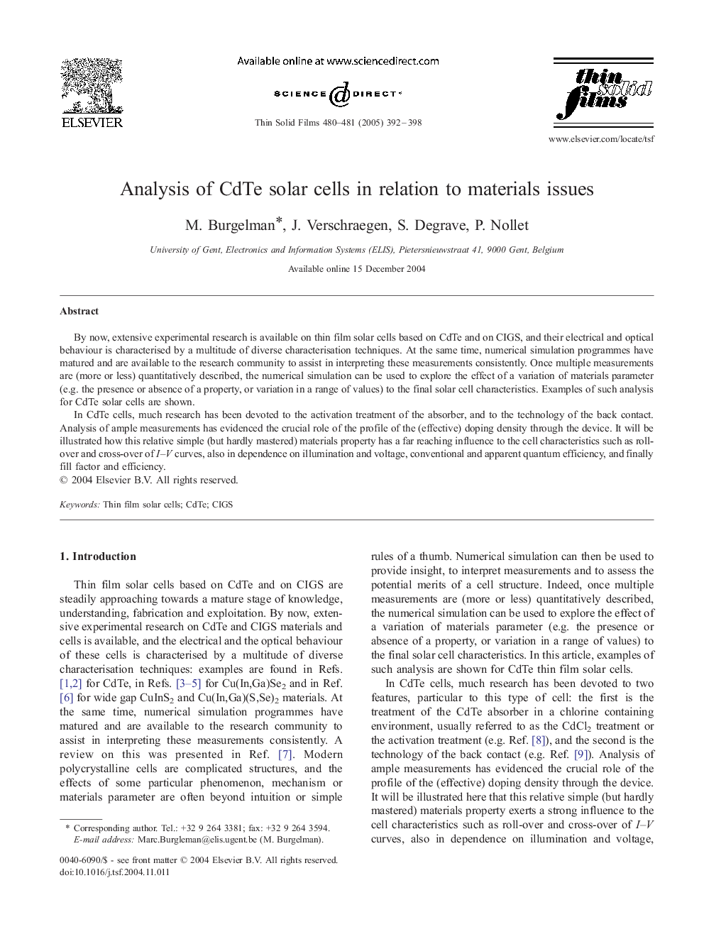 Analysis of CdTe solar cells in relation to materials issues