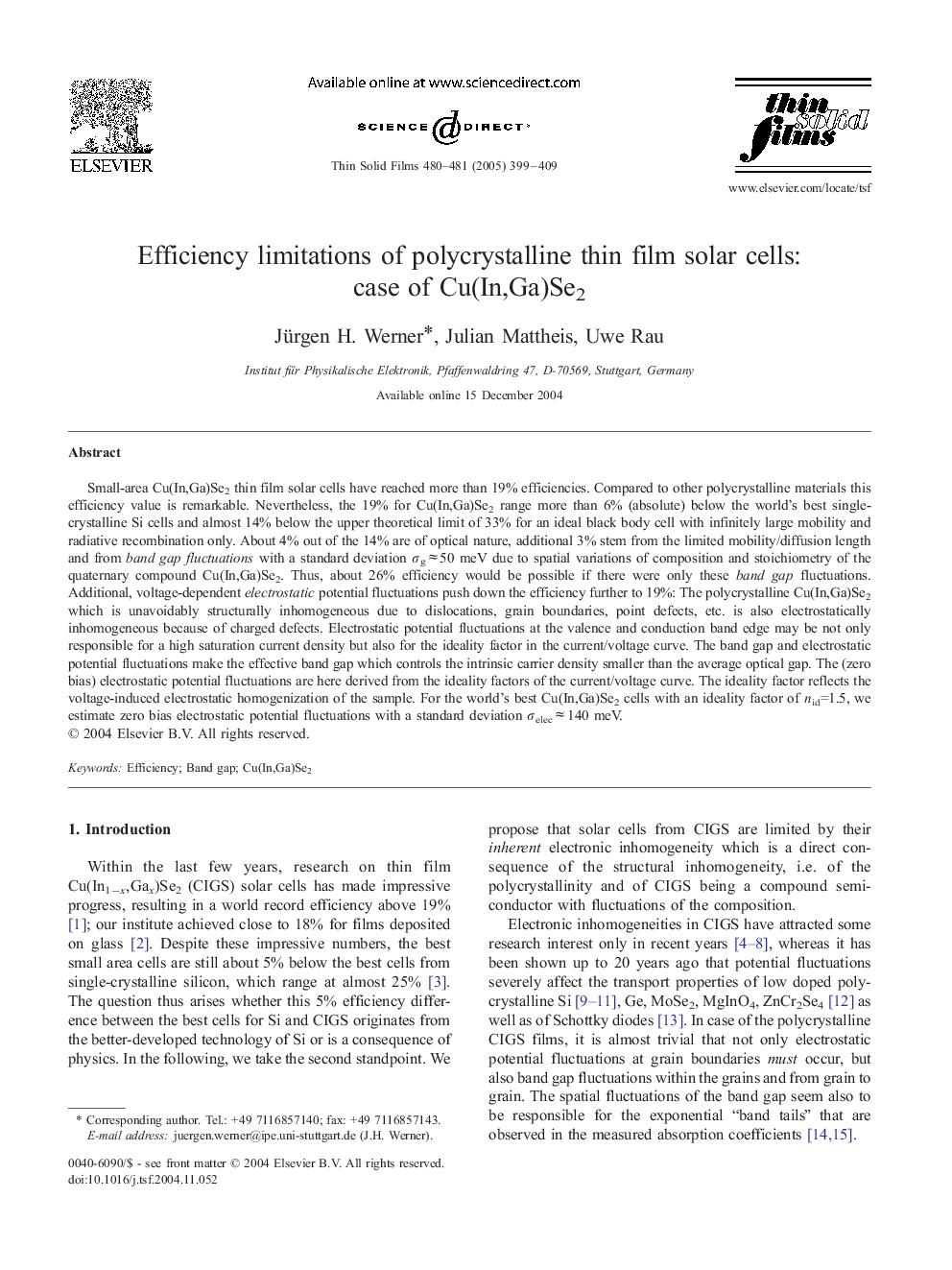 Efficiency limitations of polycrystalline thin film solar cells: case of Cu(In,Ga)Se2