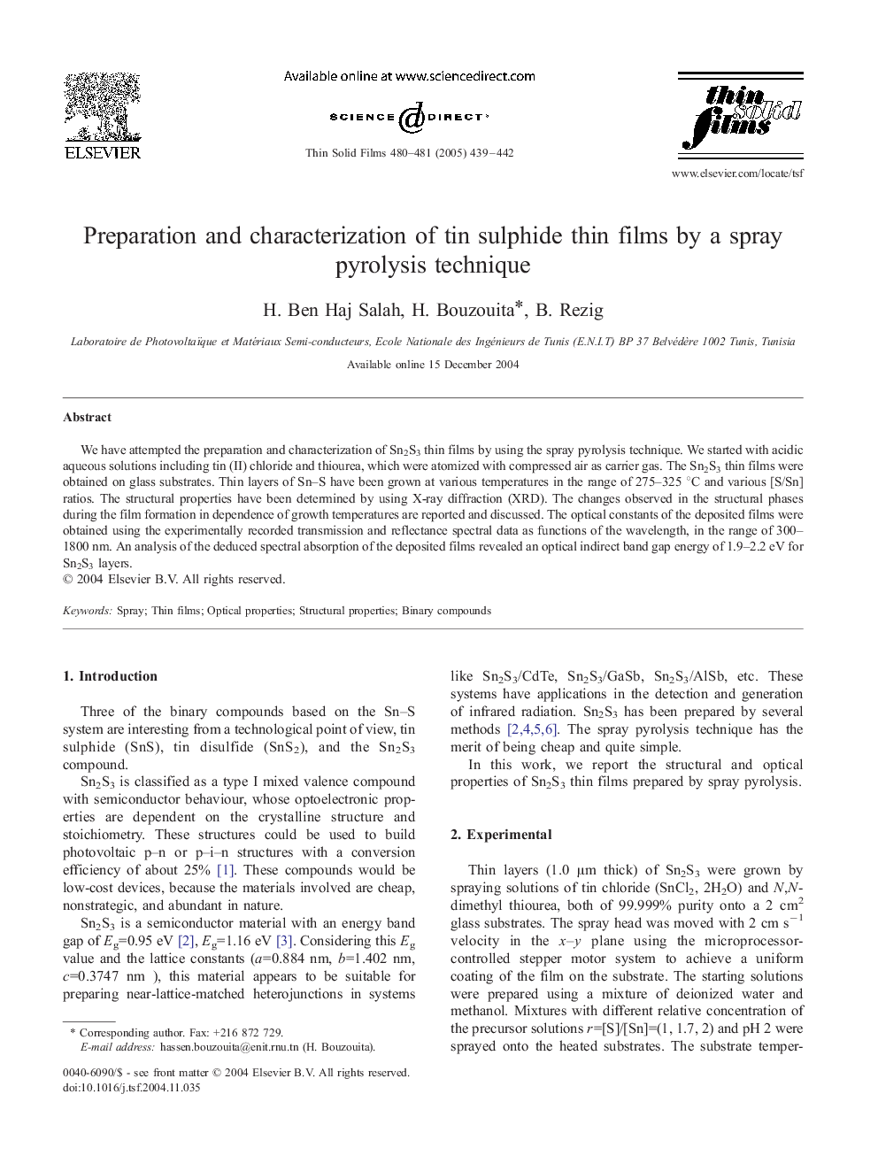 Preparation and characterization of tin sulphide thin films by a spray pyrolysis technique