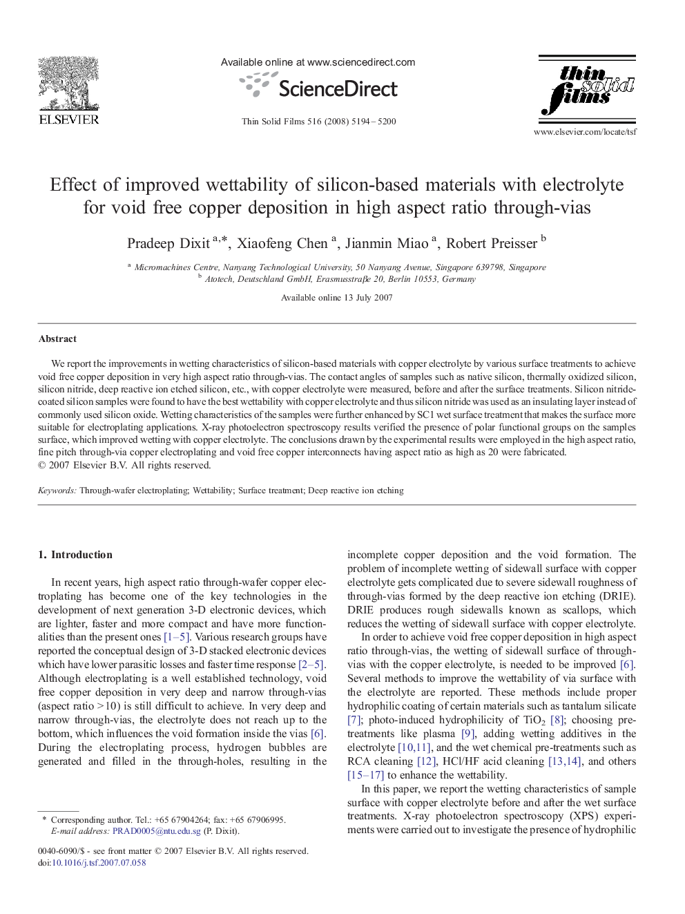 Effect of improved wettability of silicon-based materials with electrolyte for void free copper deposition in high aspect ratio through-vias