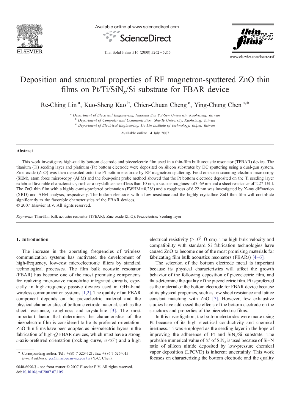 Deposition and structural properties of RF magnetron-sputtered ZnO thin films on Pt/Ti/SiNx/Si substrate for FBAR device