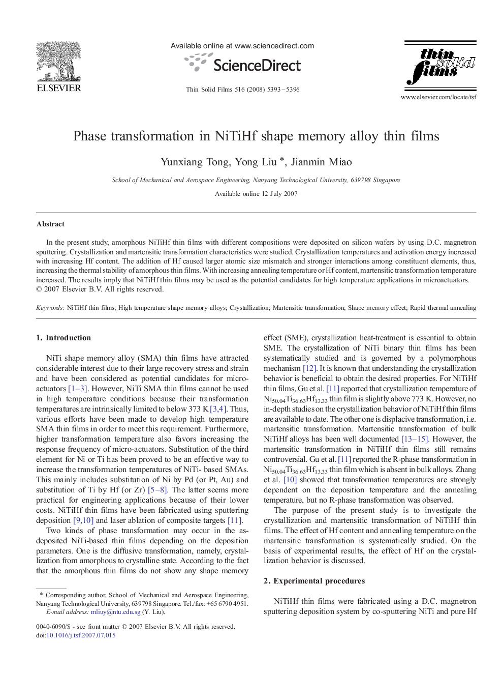 Phase transformation in NiTiHf shape memory alloy thin films