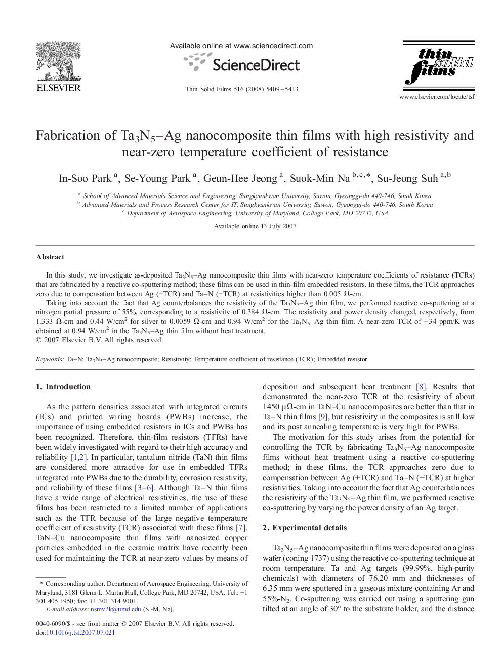 Fabrication of Ta3N5–Ag nanocomposite thin films with high resistivity and near-zero temperature coefficient of resistance