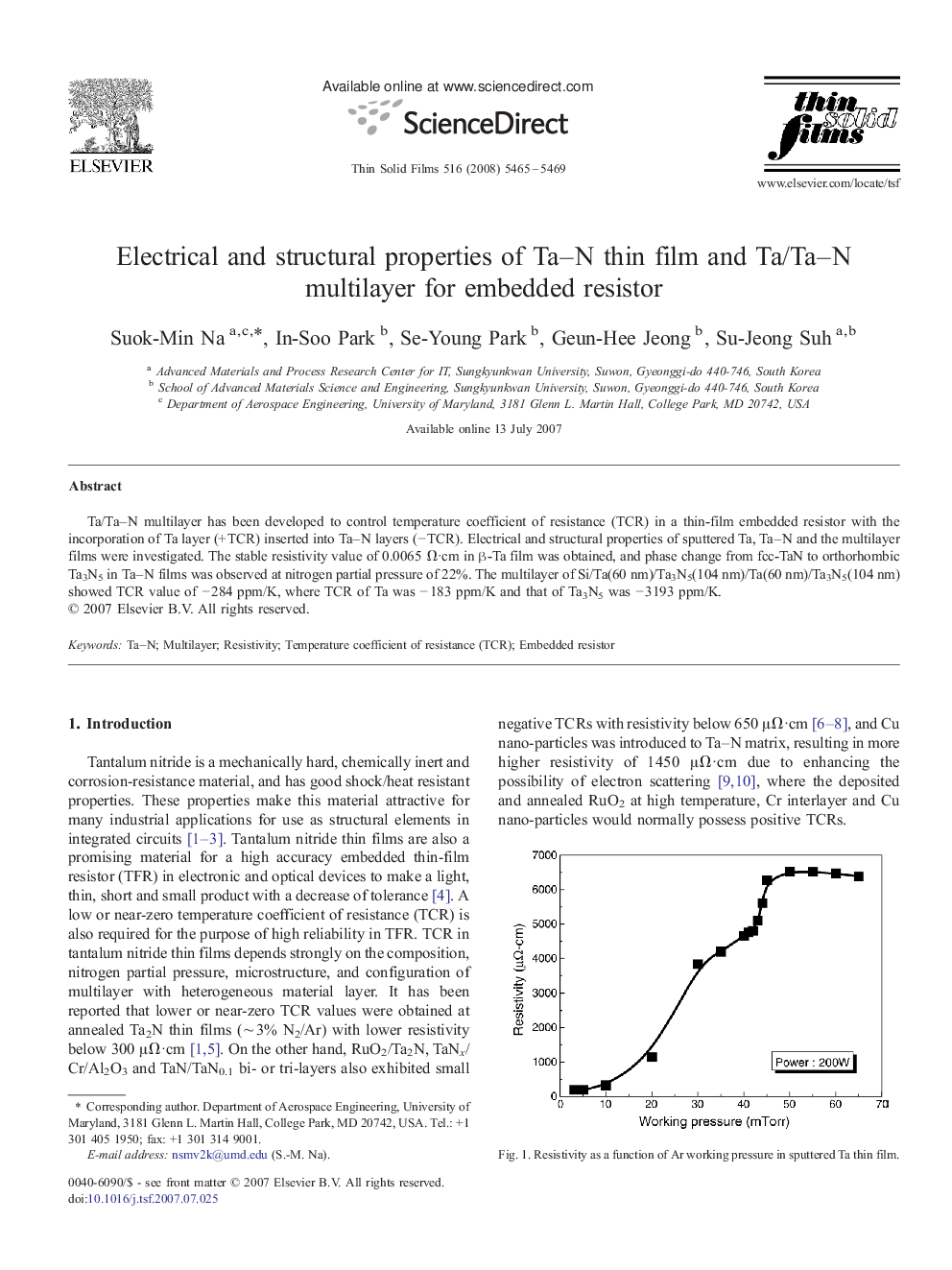 Electrical and structural properties of Ta–N thin film and Ta/Ta–N multilayer for embedded resistor