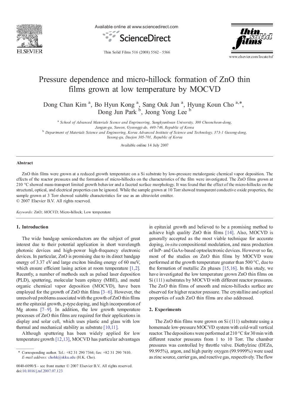 Pressure dependence and micro-hillock formation of ZnO thin films grown at low temperature by MOCVD