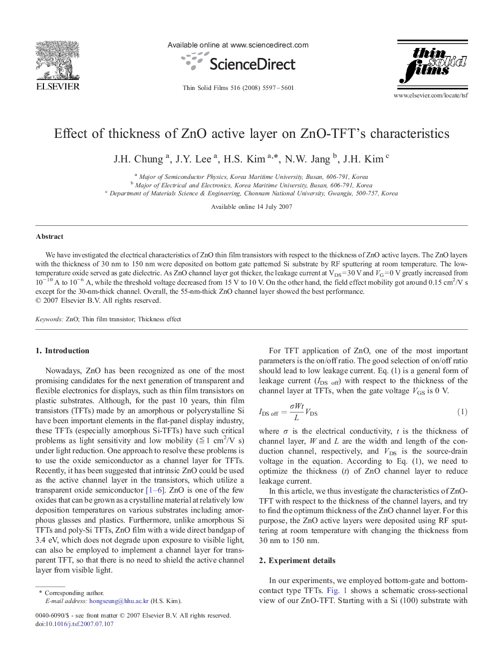 Effect of thickness of ZnO active layer on ZnO-TFT's characteristics