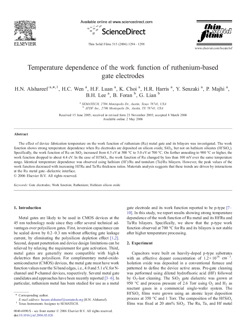 Temperature dependence of the work function of ruthenium-based gate electrodes