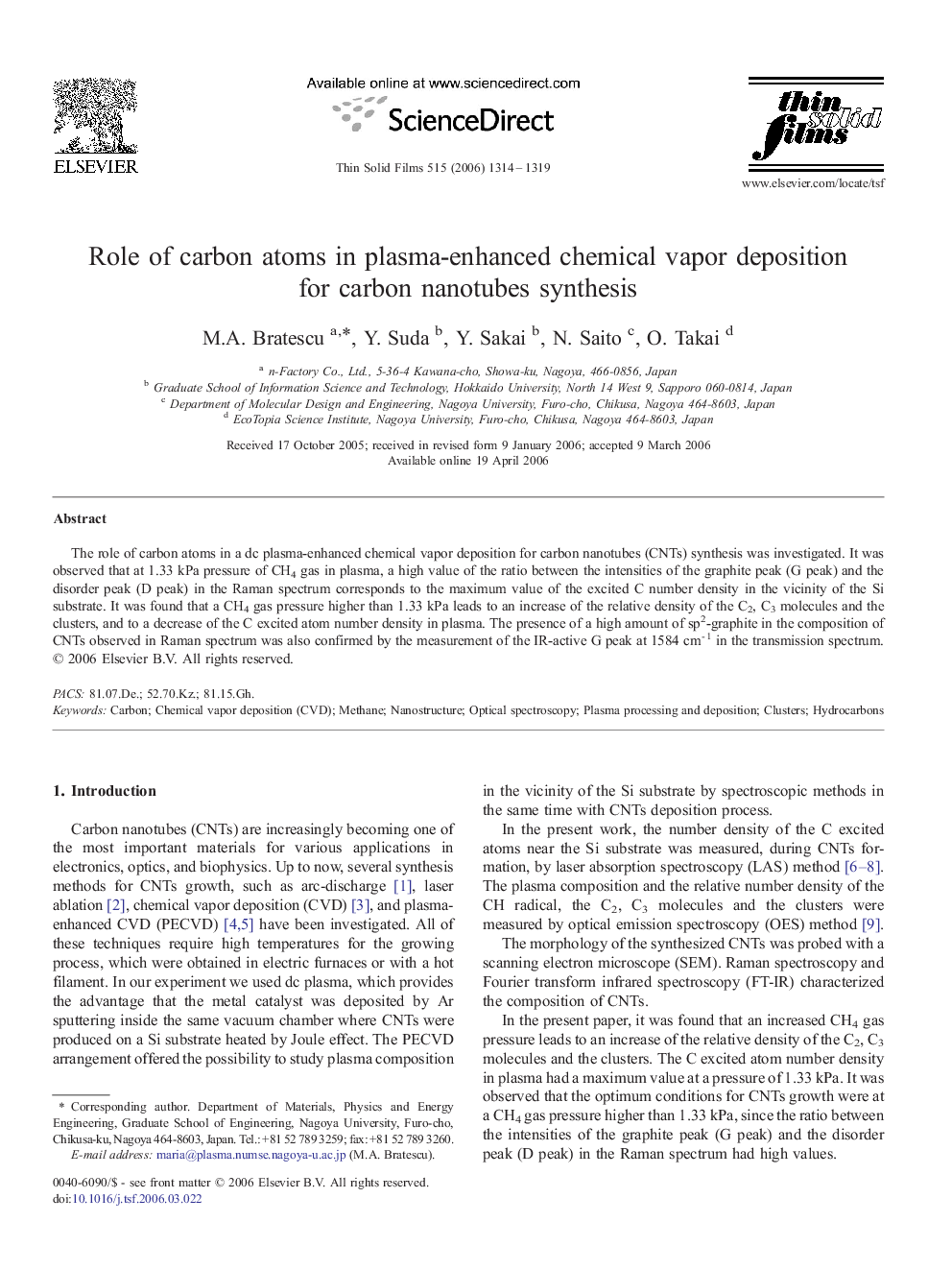 Role of carbon atoms in plasma-enhanced chemical vapor deposition for carbon nanotubes synthesis