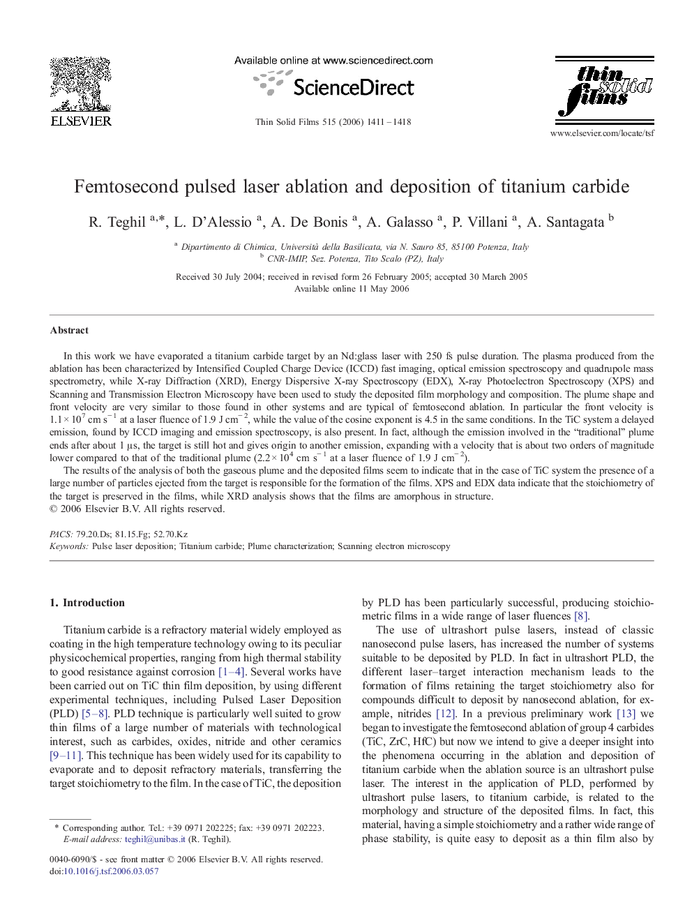 عکس صفحه اول مقاله: Femtosecond pulsed laser ablation and deposition of titanium carbide Femtosecond pulsed laser ablation and deposition of titanium carbide