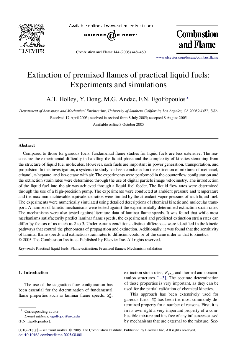 Extinction of premixed flames of practical liquid fuels: Experiments and simulations