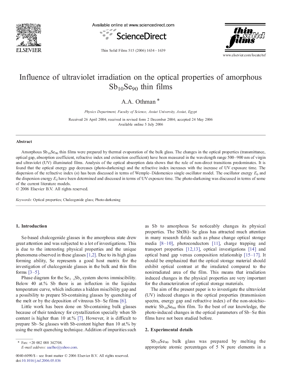 Influence of ultraviolet irradiation on the optical properties of amorphous Sb10Se90 thin films