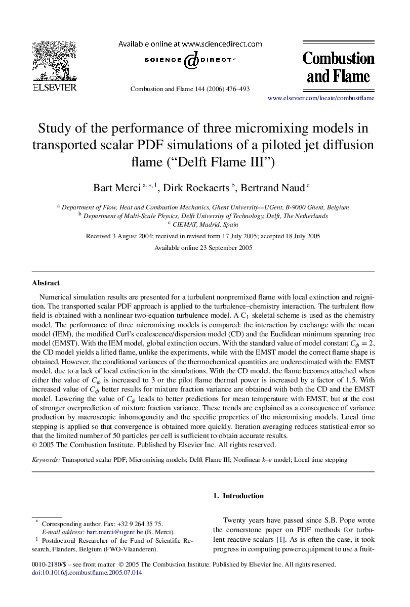 Study of the performance of three micromixing models in transported scalar PDF simulations of a piloted jet diffusion flame (“Delft Flame III”)