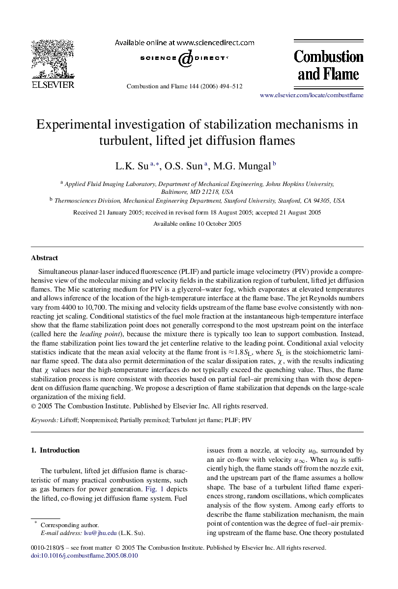 Experimental investigation of stabilization mechanisms in turbulent, lifted jet diffusion flames