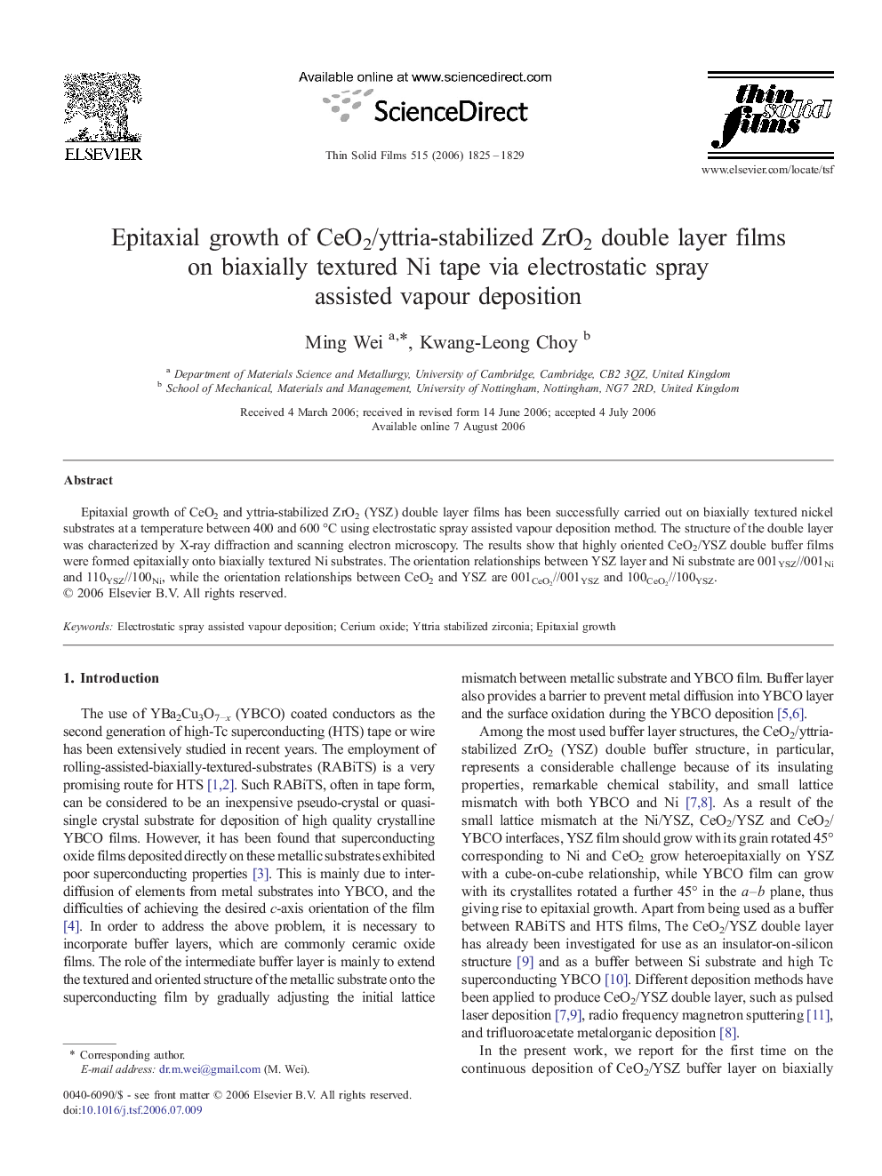 Epitaxial growth of CeO2/yttria-stabilized ZrO2 double layer films on biaxially textured Ni tape via electrostatic spray assisted vapour deposition