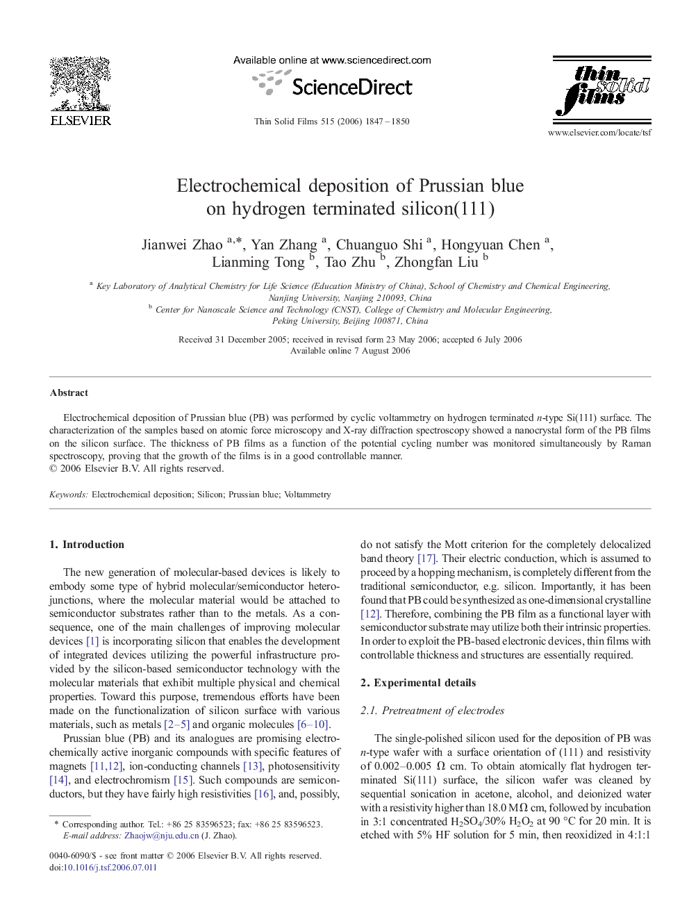 Electrochemical deposition of Prussian blue on hydrogen terminated silicon(111)