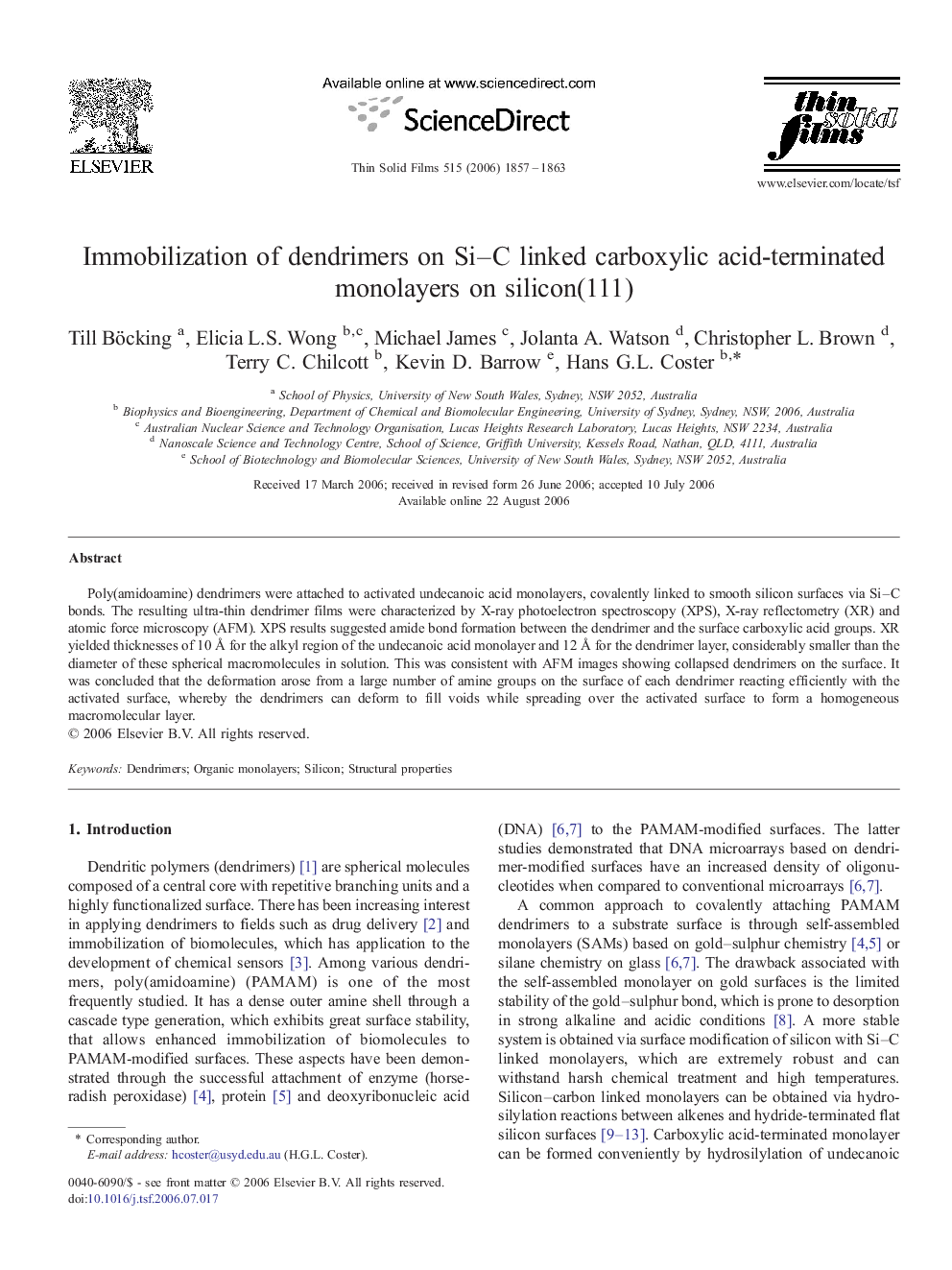 Immobilization of dendrimers on Si–C linked carboxylic acid-terminated monolayers on silicon(111)