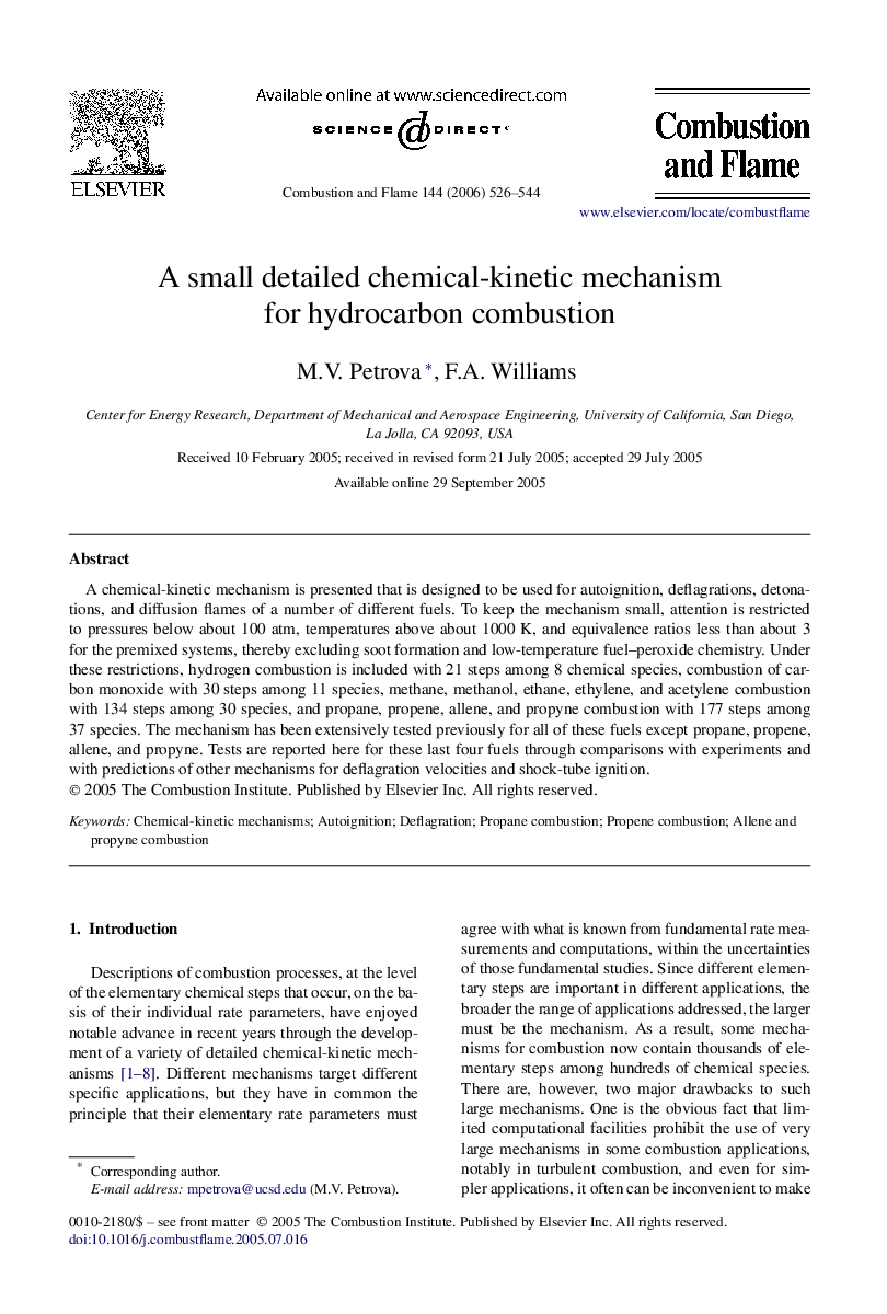 A small detailed chemical-kinetic mechanism for hydrocarbon combustion