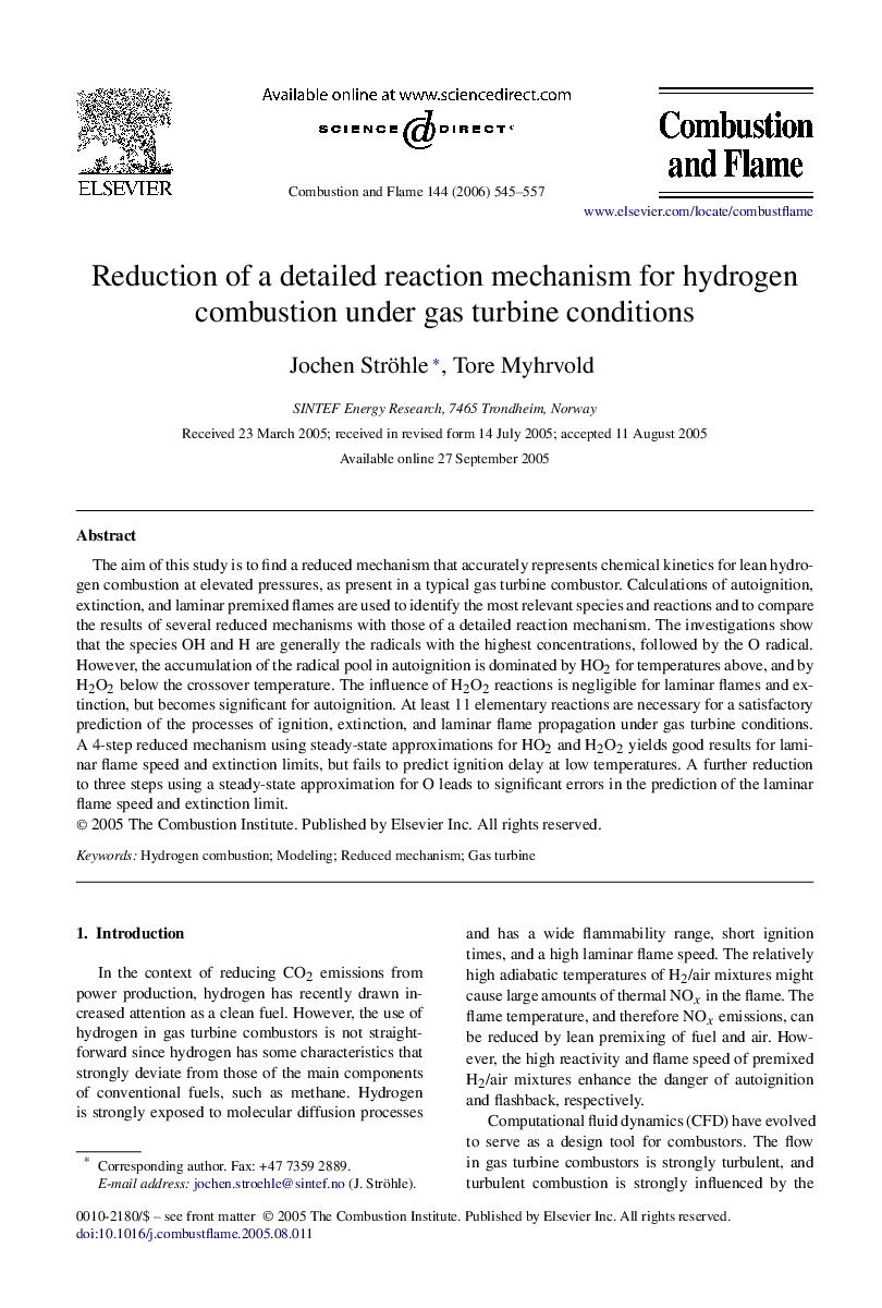 Reduction of a detailed reaction mechanism for hydrogen combustion under gas turbine conditions