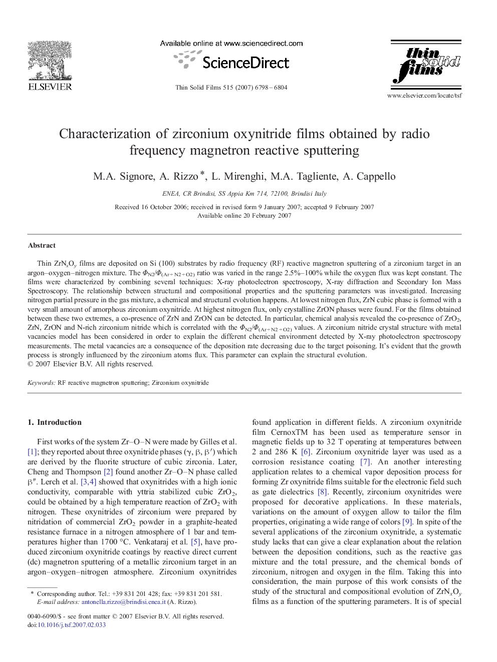 Characterization of zirconium oxynitride films obtained by radio frequency magnetron reactive sputtering