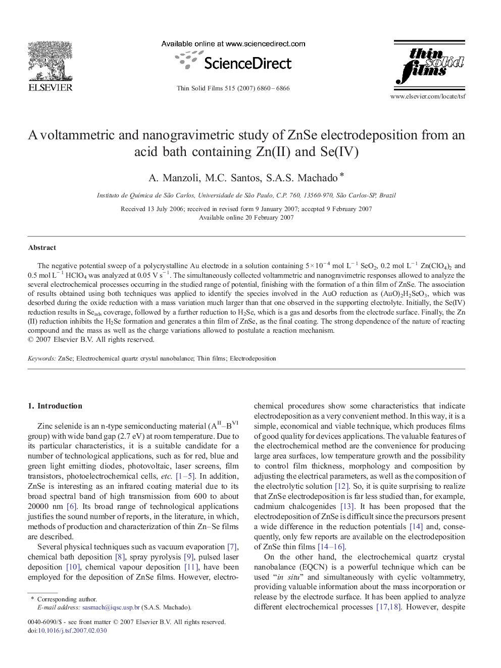 A voltammetric and nanogravimetric study of ZnSe electrodeposition from an acid bath containing Zn(II) and Se(IV)