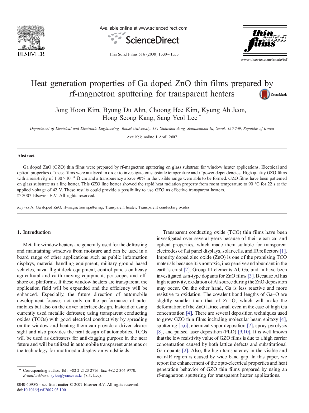 Heat generation properties of Ga doped ZnO thin films prepared by rf-magnetron sputtering for transparent heaters