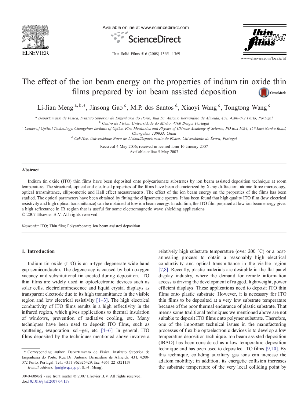 The effect of the ion beam energy on the properties of indium tin oxide thin films prepared by ion beam assisted deposition