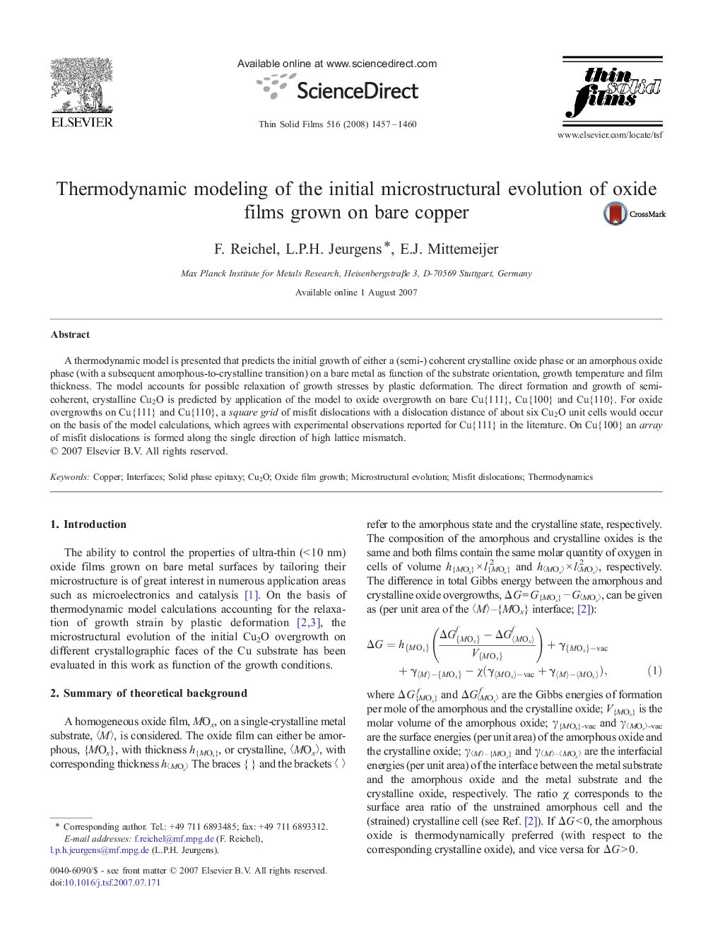 Thermodynamic modeling of the initial microstructural evolution of oxide films grown on bare copper