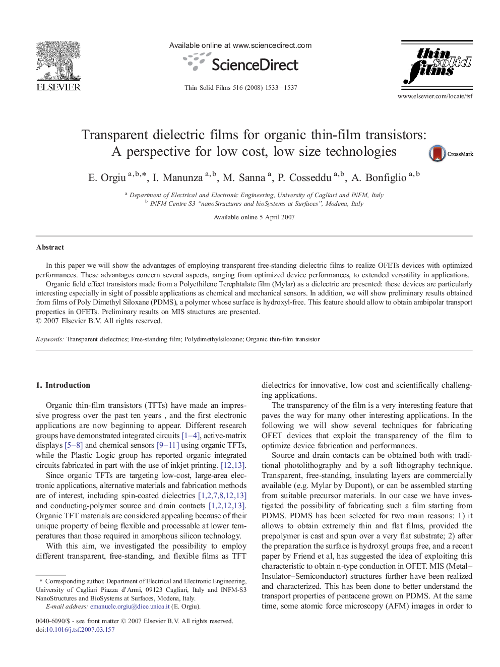 Transparent dielectric films for organic thin-film transistors: A perspective for low cost, low size technologies