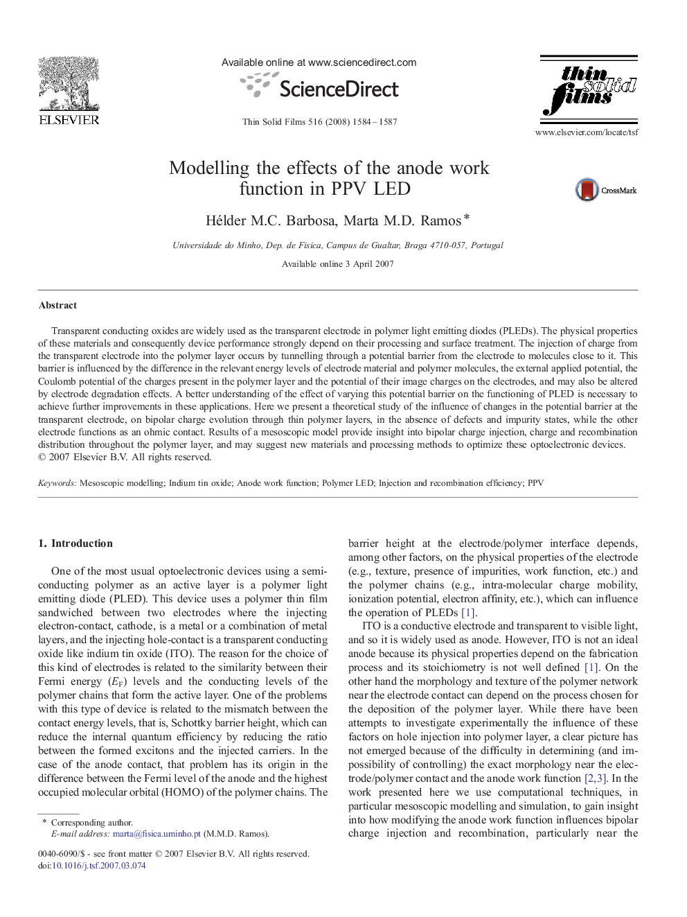 Modelling the effects of the anode work function in PPV LED