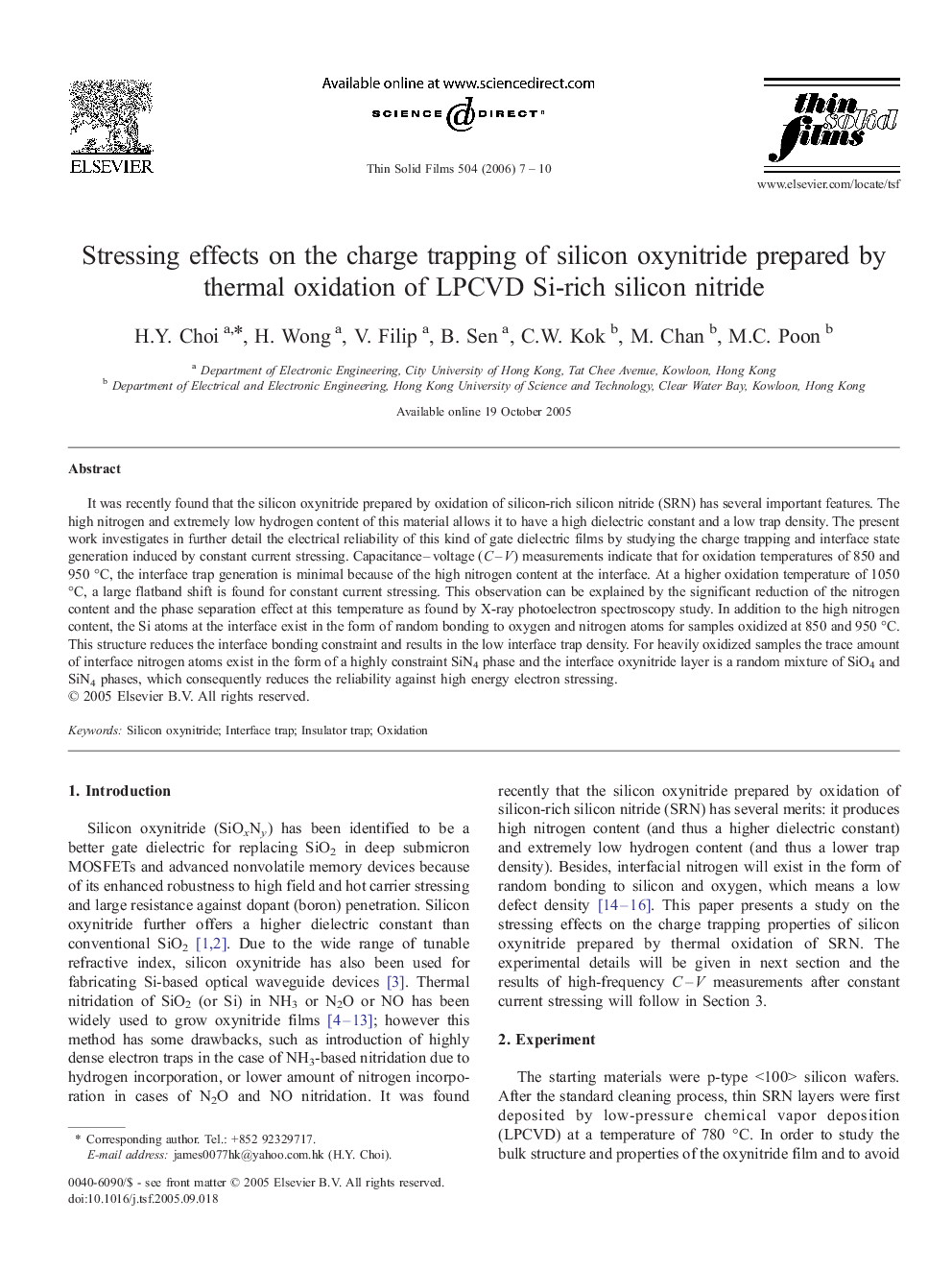 Stressing effects on the charge trapping of silicon oxynitride prepared by thermal oxidation of LPCVD Si-rich silicon nitride