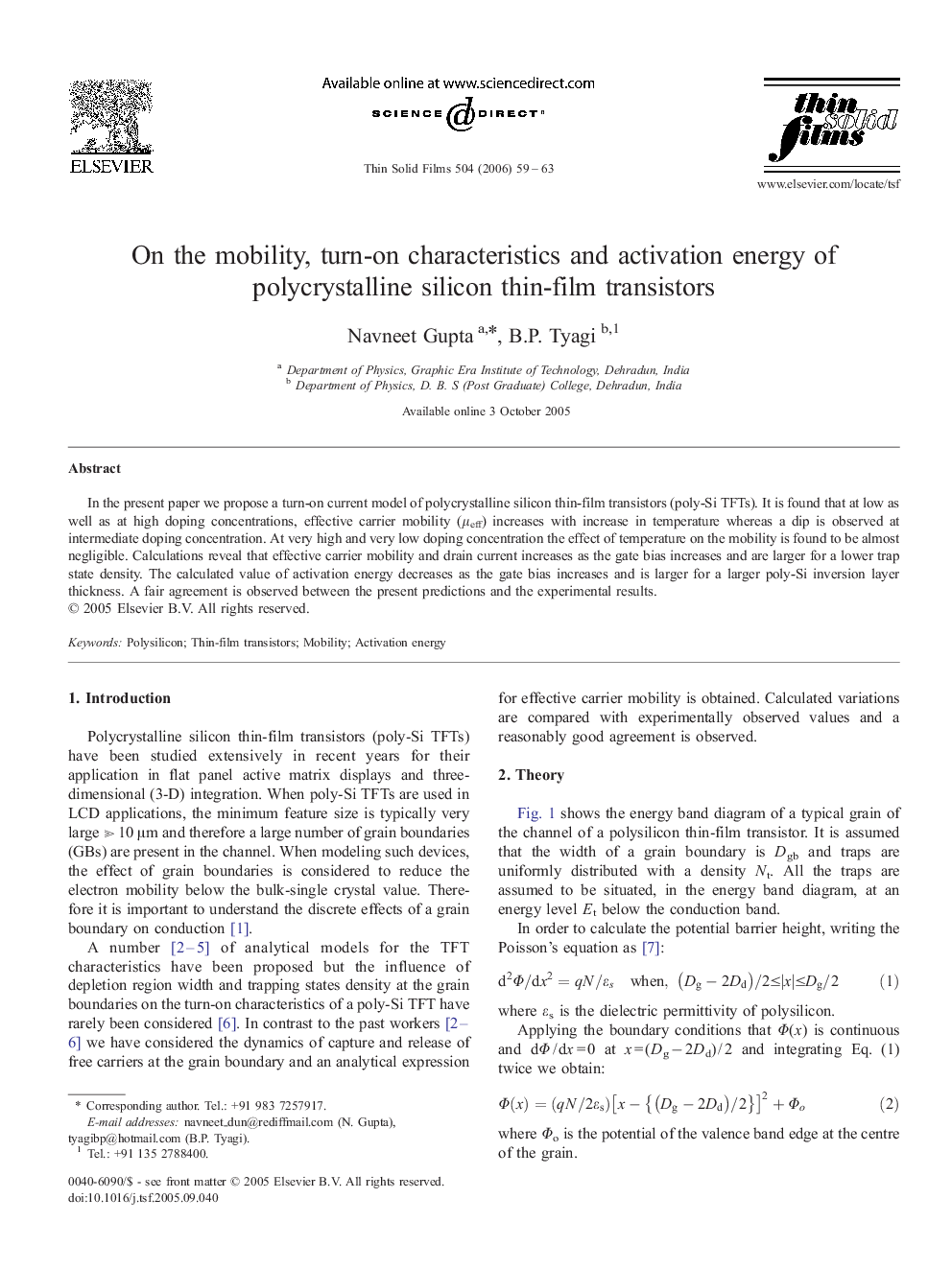 On the mobility, turn-on characteristics and activation energy of polycrystalline silicon thin-film transistors